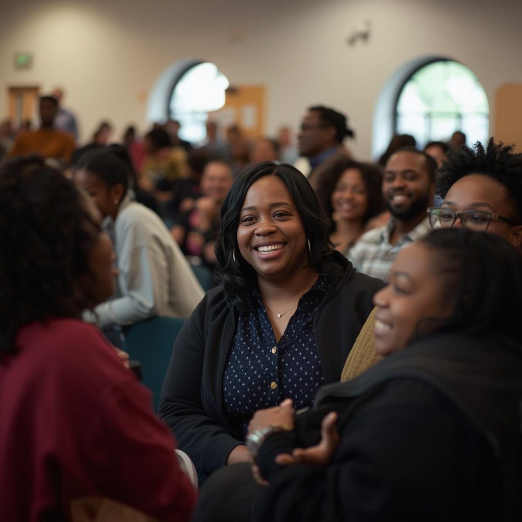 a church pastor's training center with black people smiling at each other. atmosphere of kindness and divinity. (8)